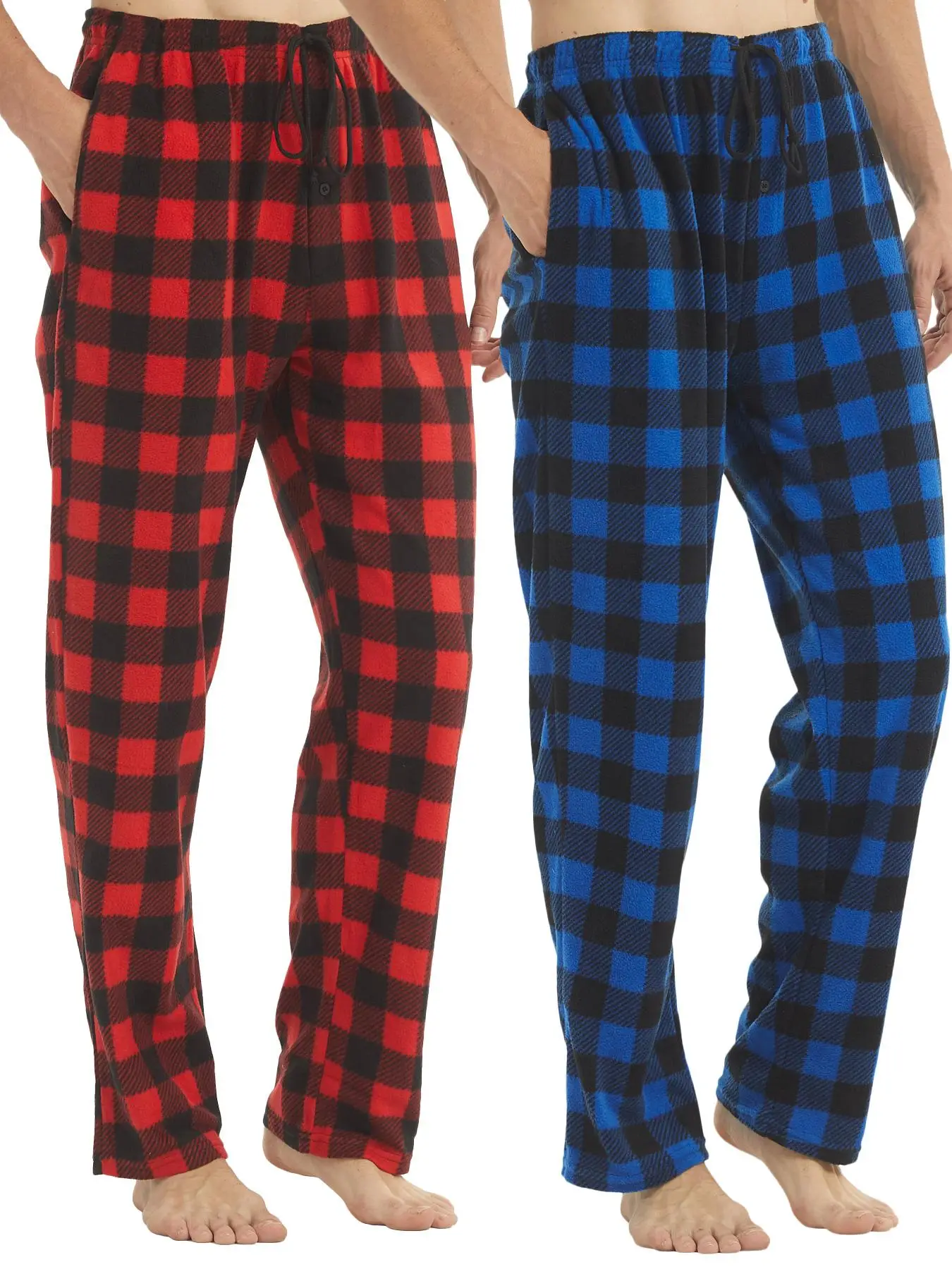 Men's Plaid Print Pocket Drawstring Waist Polar Fleece Lounge Pajama Pants, Heavyweight Casual Thicker Thermal Sleep Pants, Men Pajamas
