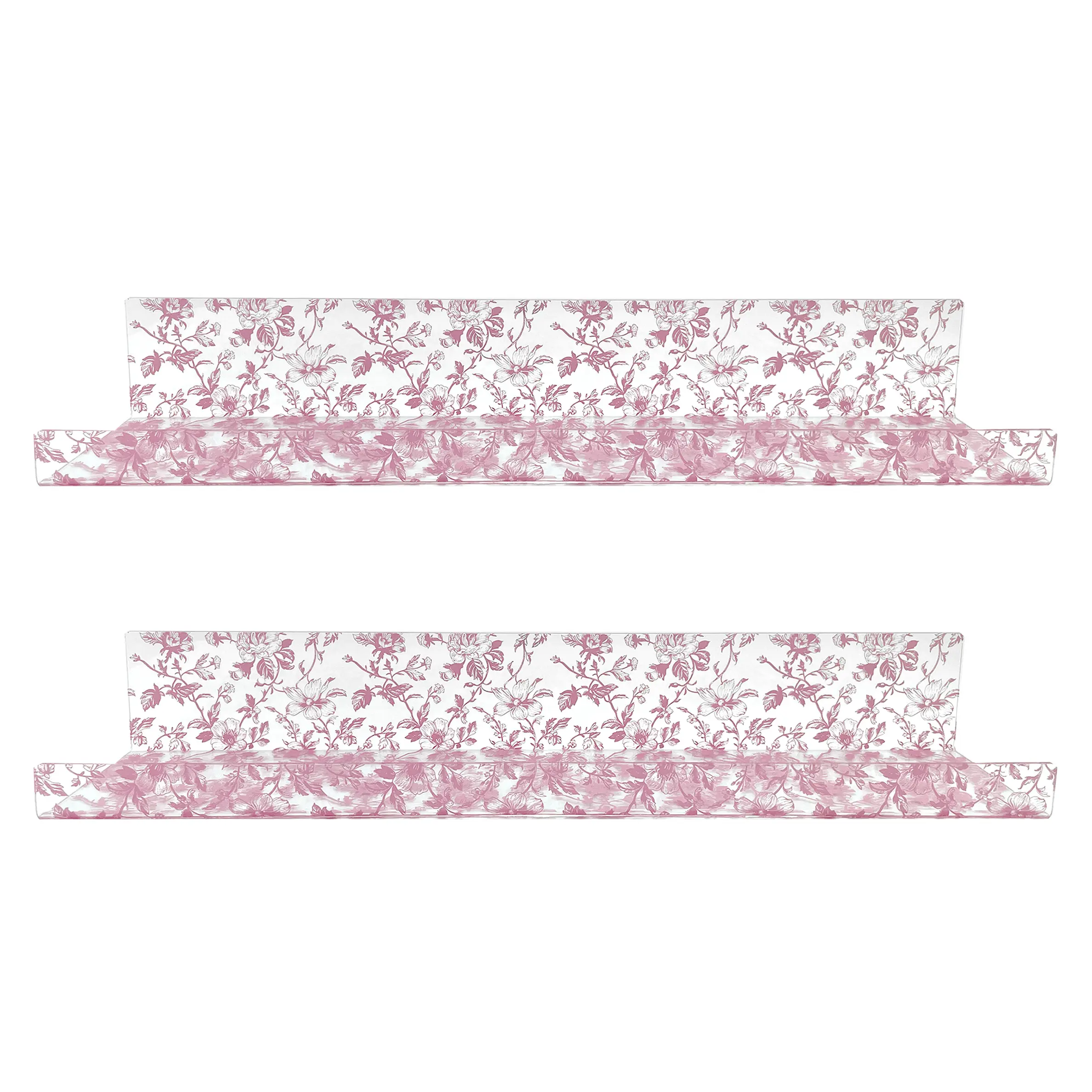 20” Pink Toile Acrylic Floating Wall Shelves, Set of 2 – Decorative Wall Mounted Display Shelves for Nursery, Bedroom, Bathroom & Home Decor