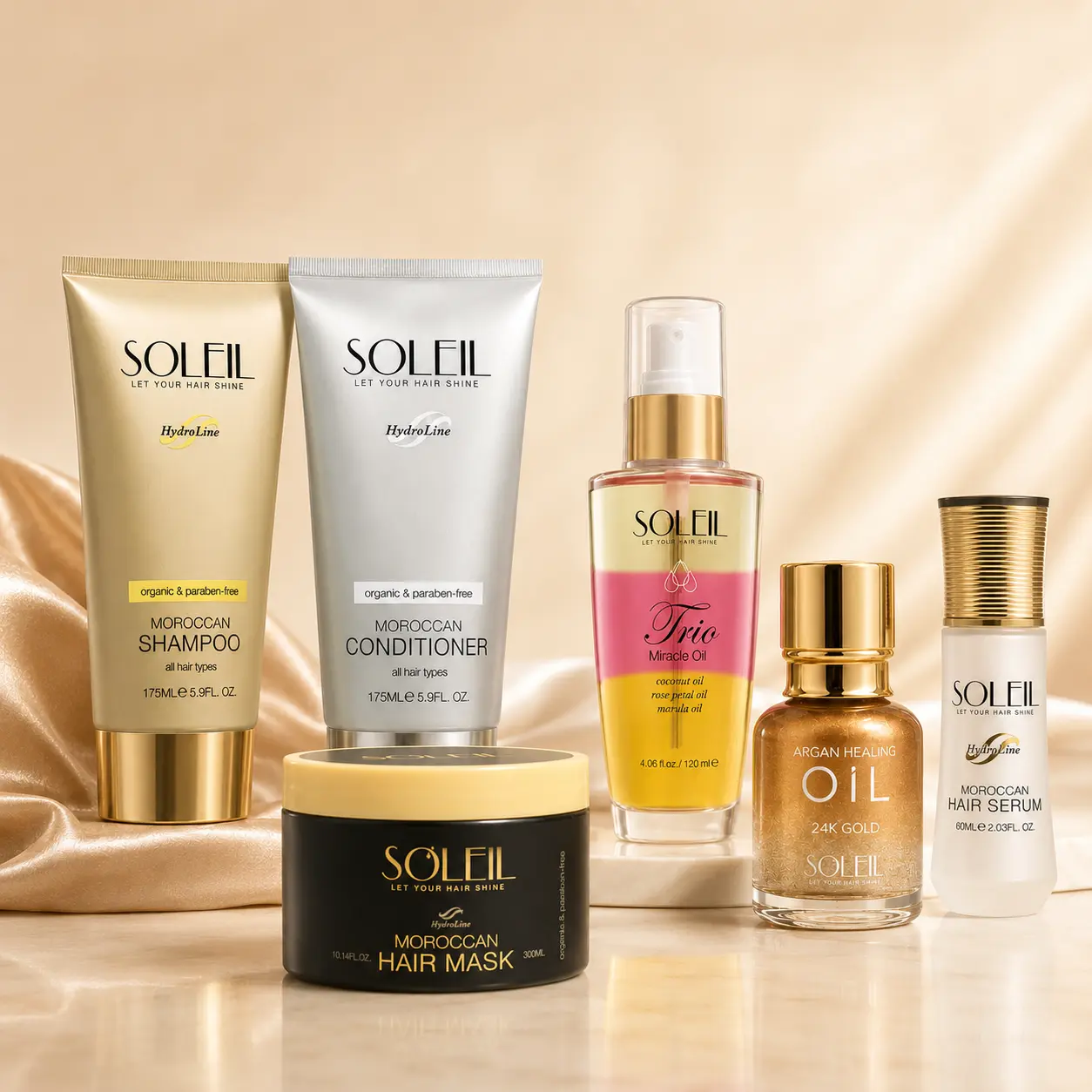 Soleil Premium Hair Bundle - Shampoo, Conditioner, Trio Miracle Oil, Hair Serum, Repair Oil & Hair Mask