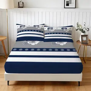 3pcs Navy Blue Striped Ethnic Floral Fitted Sheet Set, Modern Nautical‑Style Single‑Sided Printed Bedding Set (No Insert), Bedroom Decoration & Ideal Gift Choice