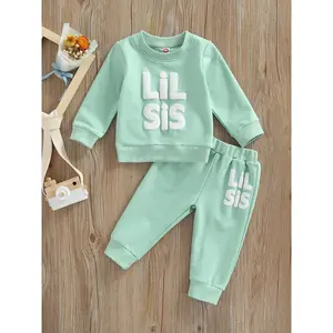 Sisters Matching 2Pcs Outfits, Letter Pattern Patchwork Long Sleeve Round Neck Tops + Elastic Waist Loose Fit Trousers
