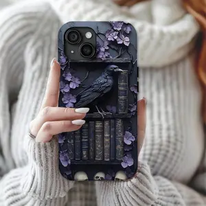 Gothic Raven Bookshelf Halloween Two-In-One Aesthetic Phone Case, Protective Shockproof Cover for Smartphone, iPhone 11-17 Pro Max & Samsung Galaxy S23-S25 Ultra Accessories