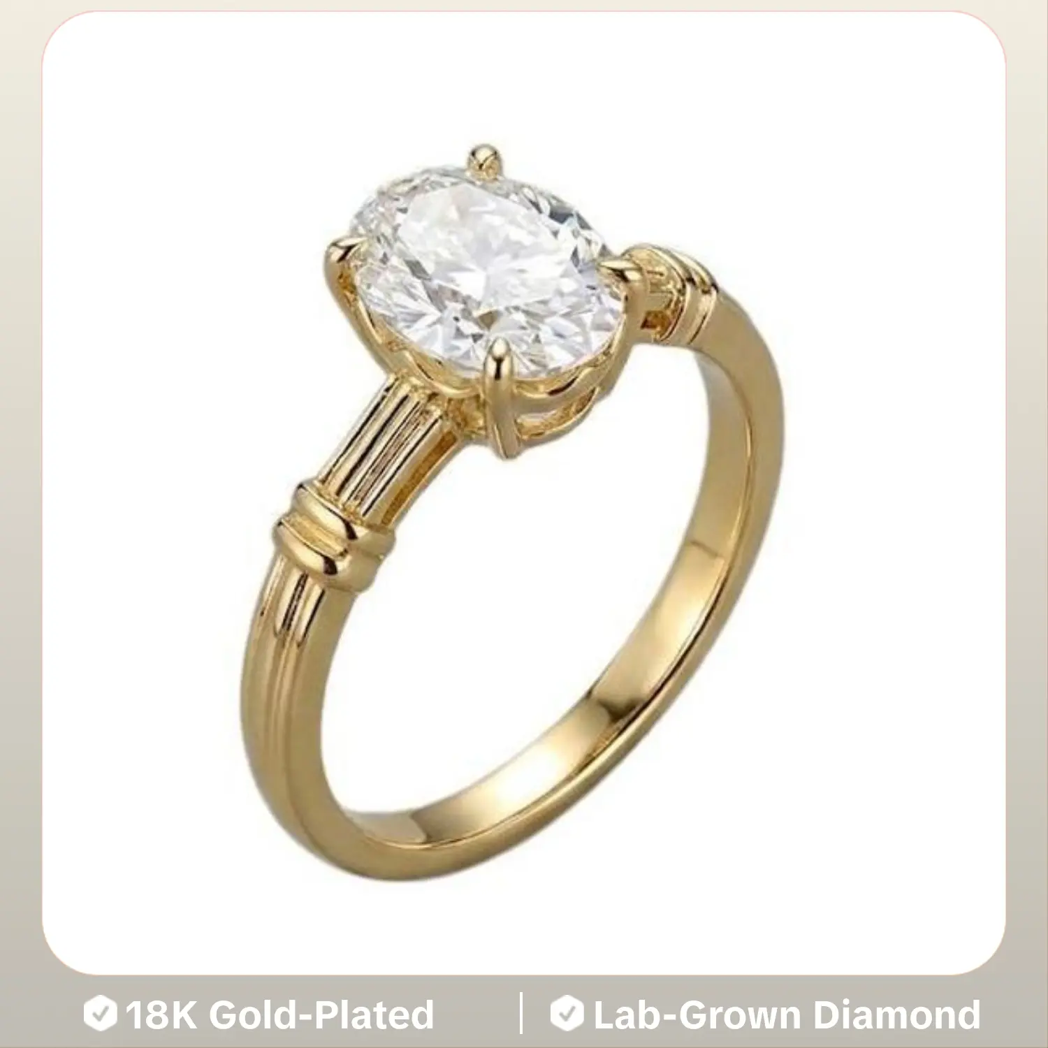 Silver-plated 18K gold lab-grown diamond ring, oval cut, four-prong setting, D color VS1 clarity, suitable for engagement and anniversary occasions, 11018