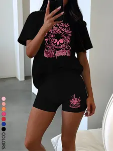 Two-Piece Set Women's Skull & Floral Print Short Sleeve Tee & Skinny Shorts, Casual Round Neck T-Shirt & Shorts for Daily Wear, Summer Womenswear Shorts Sets