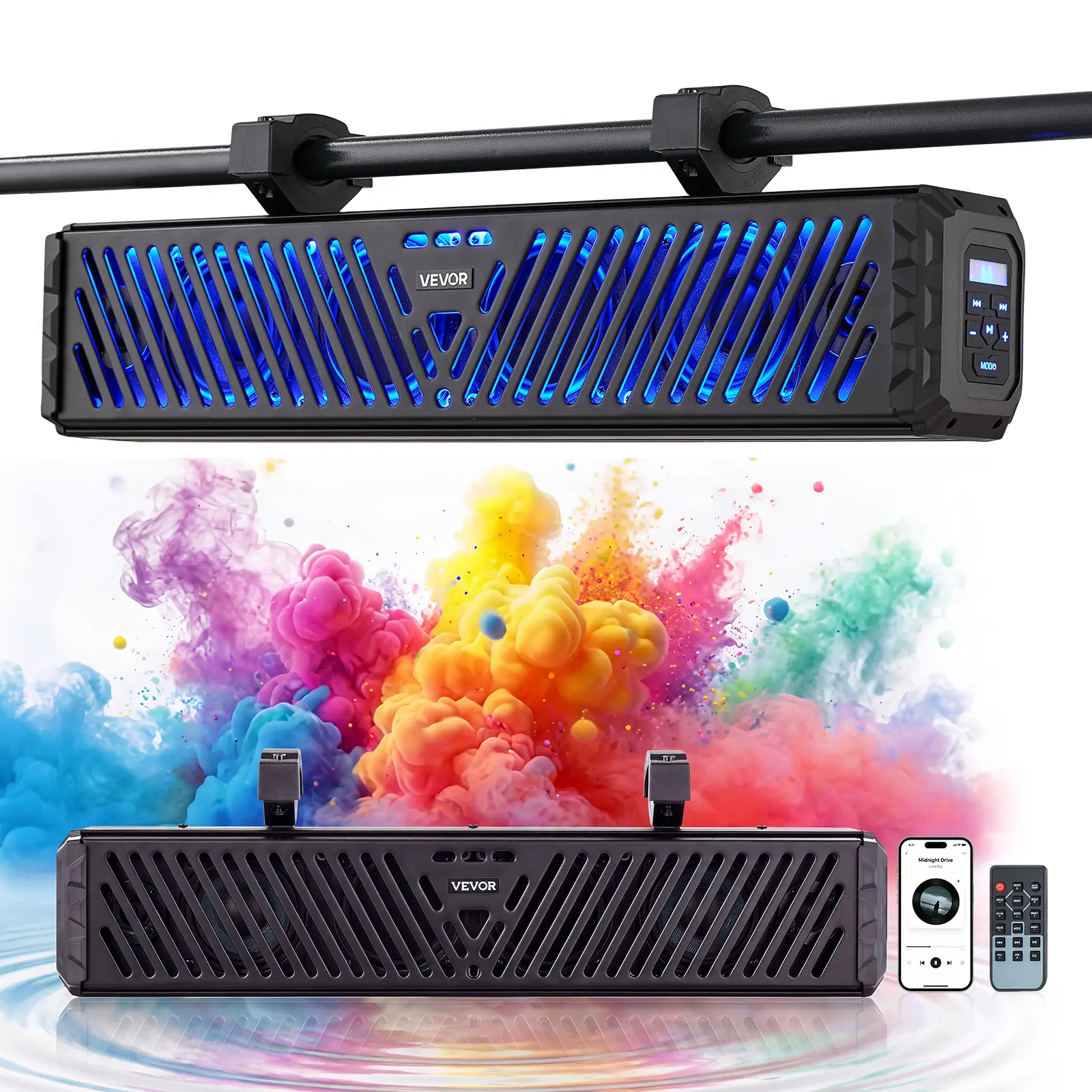 VEVOR 25.8 in 6-Speaker UTV Sound Bar, Bluetooth Audio Speaker with USB/AUX/RF Remote, RGB Multicolor Illumination, IP65 Water Resistant for Golf Carts, ATVs