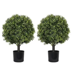 Set of 2 Faux Boxwood Topiary Trees (22"), Artificial Evergreen Potted Plants for Outdoor Front Porch & Entryway