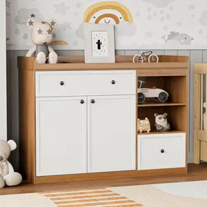 Wide Changing Table with 2 Doors, 2 Different Size Drawer&Storage Cubbies, Durable Wood Construction, Built-in Shelves for Ample Storage