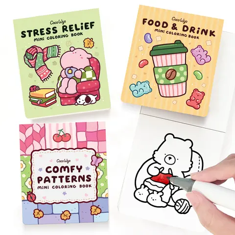 Coco Wyo Mini Coloring Book Set (3-Pack, 3x3.5 in) - Office Art Supplies, Stress Relief, Food & Drink, Comfy Patterns, Relaxation, Quiet Time, Easy Carry, Creativity, Classroom Rewards, Small Gifts,techvibes