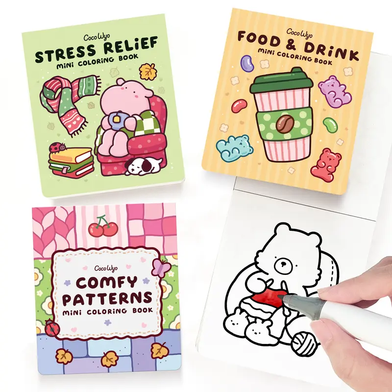 Coco Wyo Mini Coloring Book Set (3-Pack, 3x3.5 in) - Office Art Supplies, Stress Relief, Food & Drink, Comfy Patterns, Relaxation, Quiet Time, Easy Carry, Creativity, Classroom Rewards, Small Gifts,techvibes