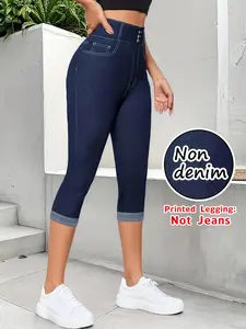 Women's Printed Tight Seven-Quarter Jeans, Fashionable Bottoms, Non-Denim Fabric, Stylish Women's Leggings, Casual Wear