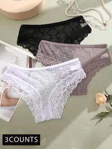 Women's 3pcs Butterfly & Floral Pattern Sheer Lace Knicker, Chic Breathable Comfortable Panties for Daily Wear, Ladies Underwear for All Seasons
