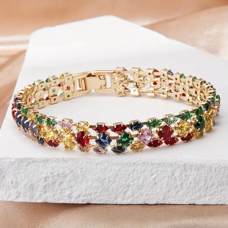 Gold Plated Multicolor Crystal Tennis Bracelet, Rainbow Multi Stone Rhinestone Bangle, Luxury Statement Bracelet for Women Party Jewelry affordable