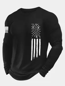 Men's American Flag Print Long Sleeve Tee, Regular Fit Casual Comfy T-shirt for Gym Workout Running, Men's Top for All Seasons Athletic Sports Clothing, Casual Workout Tops, Gym Tees