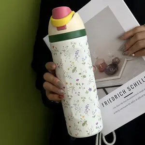 Floral Pattern Stainless Steel Vacuum Flask, 1 Count Portable Durable Insulated Water Bottle with Straw, Leak Resistant Hydration Tumbler, Drinking Cup for Home Office School Outdoor Camping, Drinkware