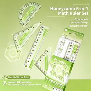 EpenGo Honeycomb Anti-Slip Geometry Ruler Set – 4-Piece Student Math Measuring Kit with Eye-Friendly Green Markings, Includes 15cm Straight Ruler, Protractor & Triangle Rulers