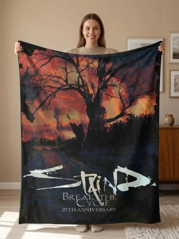 Staind Break The Cycle 25th Anniversary Fleece Blanket, Orange Sunset Tree Artwork Alternative Rock Band Fan Throw Blanket Gift