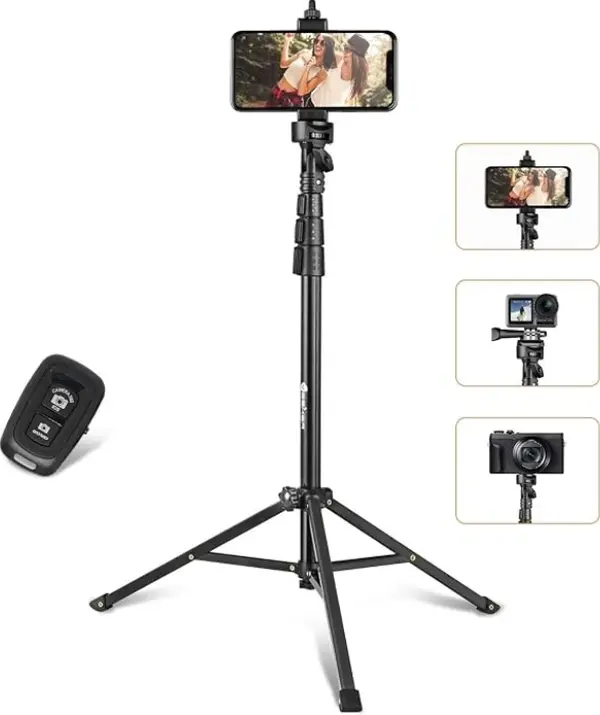 52 inch Phone Tripod Stand & Selfie Stick Tripod, All in One Professional Travel Cell Phone Tripod, Cellphone Tripod with Bluetooth Remote and Phone Holder, Compatible with iPhone, Android Phones