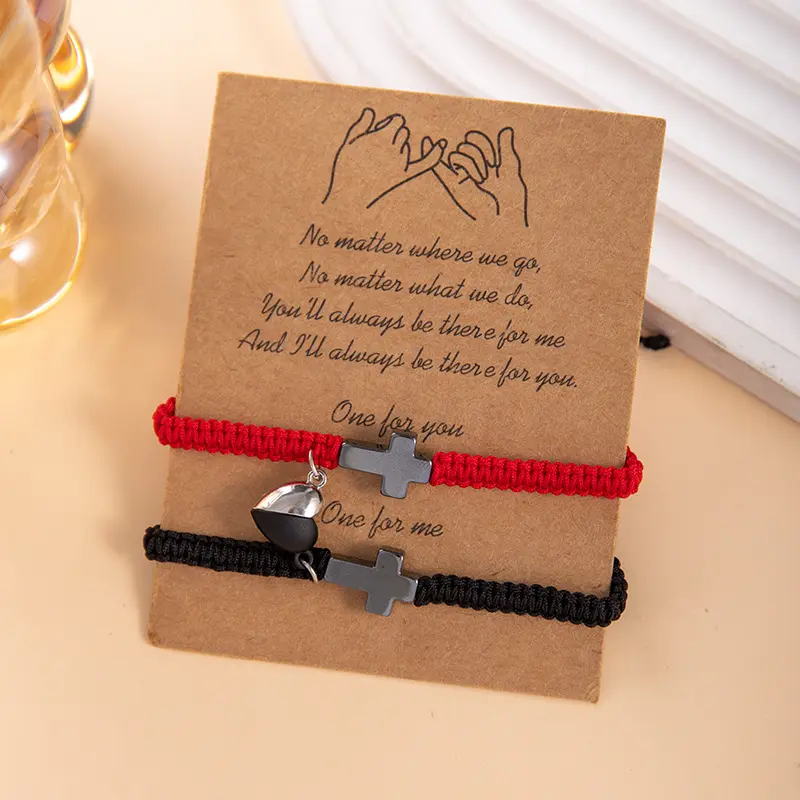 Couple Adjustable Matching Fabric Rope Promise Bracelets - Inspirational Cross, Magnetic Hearts, Red & Black Braided Wristbands, Blessing Card Included, Valentine’s Day Partner Gift (Choking Hazard Small Parts)