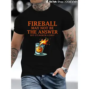 Men's "Fireball May Not Be The Answer" Graphic T-Shirt - 180g Pure Cotton Slim Fit Casual Tee with Bold  Whiskey & Flames Print - Machine Washable Black Short Sleeve Shirt for Everyday Fashion