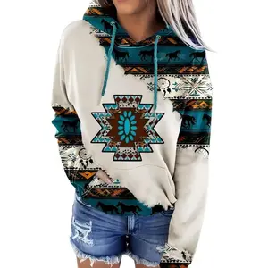 Women's Western Ethnic Style Print Aztec Hoodie Pullover Cowgirl Rhombus Printed Hooded Sweatshirt