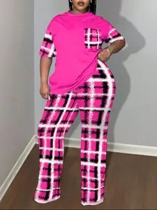 【Plus Size】 Plaid Print Tee & Pants Set, Casual Round Neck Half Sleeve T-shirt & Trousers, Women's Two-piece Outfits for Summer, Casual Lounge Set