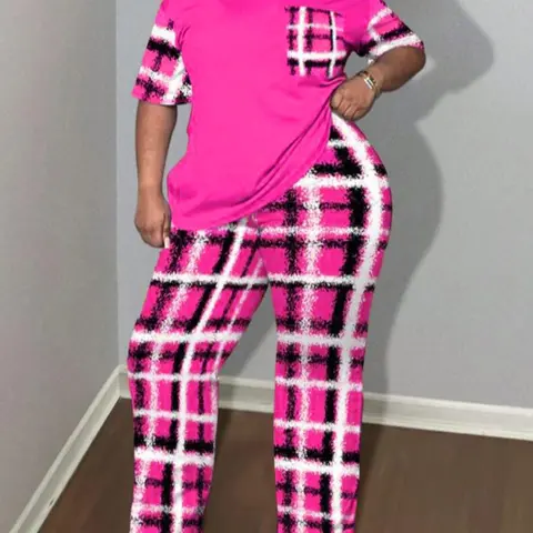 Plus Size Plaid Print Tee & Pants Set, Round Neck Half-Sleeve T-Shirt and Trousers, Women's Two-Piece Outfits for Summer, Casual Lounge Set