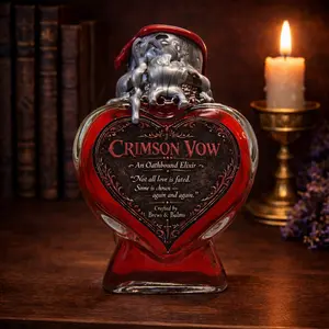 Brews & Balms Crimson Vow An Oathbound Elixir Decorative Potion Prop Deep Crimson Red Liquid Heart-Shaped Bottle Valentine Inspired Romantic Fantasy Aesthetic