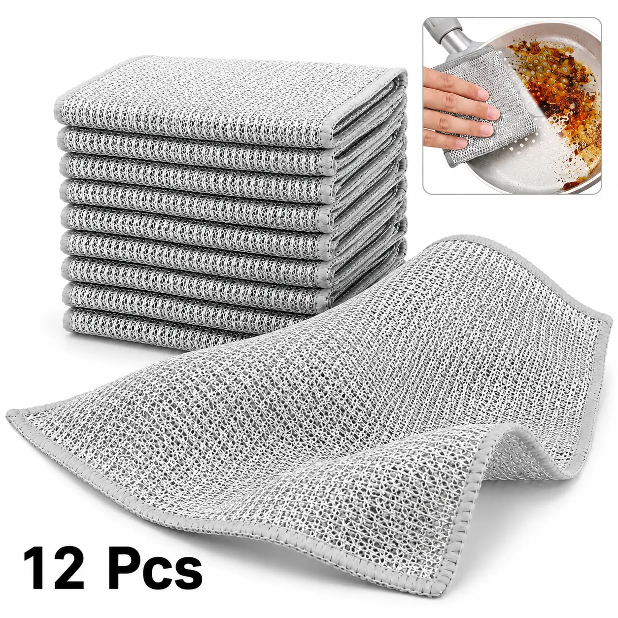 12 Pcs Non-Scratch Stainless Steel Scrubber, Reusable Diamond Weave Scrubber Cloths for Kitchen, Heavy-Duty Metallic Fiber Cleaning Cloth for Cookware, Dishes, Sinks, Easy-Rinse & Quick-Dry