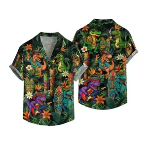 Tropical Dinosaur Tiki Hawaiian Shirt Mens, Beach Vacation Shirt, Gift for Dad, Summer Outfit, Tiki Shirt, Dinosaur Shirt, Dinosaur Gift