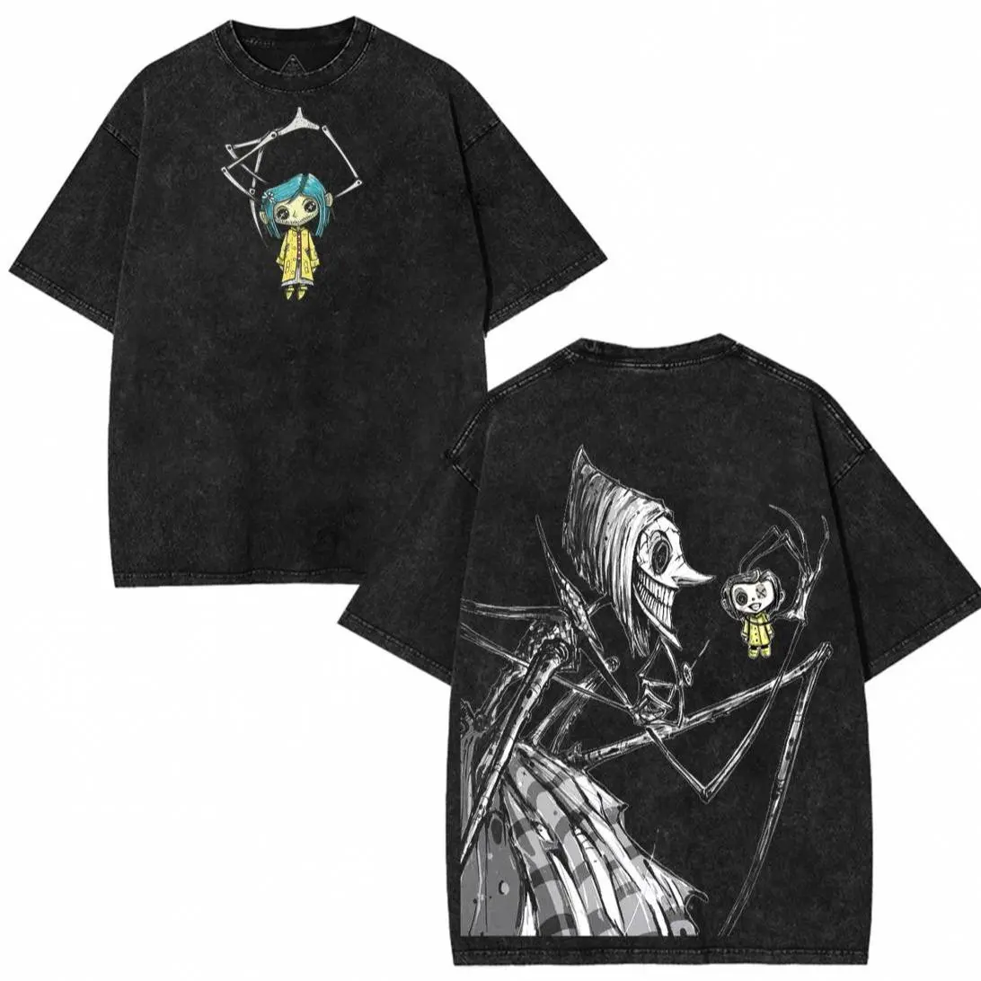 Coraline Retro Vintage Unisex graphic crewneck Acid Washed Heavyweight Cotton Tshirt, Coraline Movie shirts back school, coraline merch Streetwear Fabric Fit