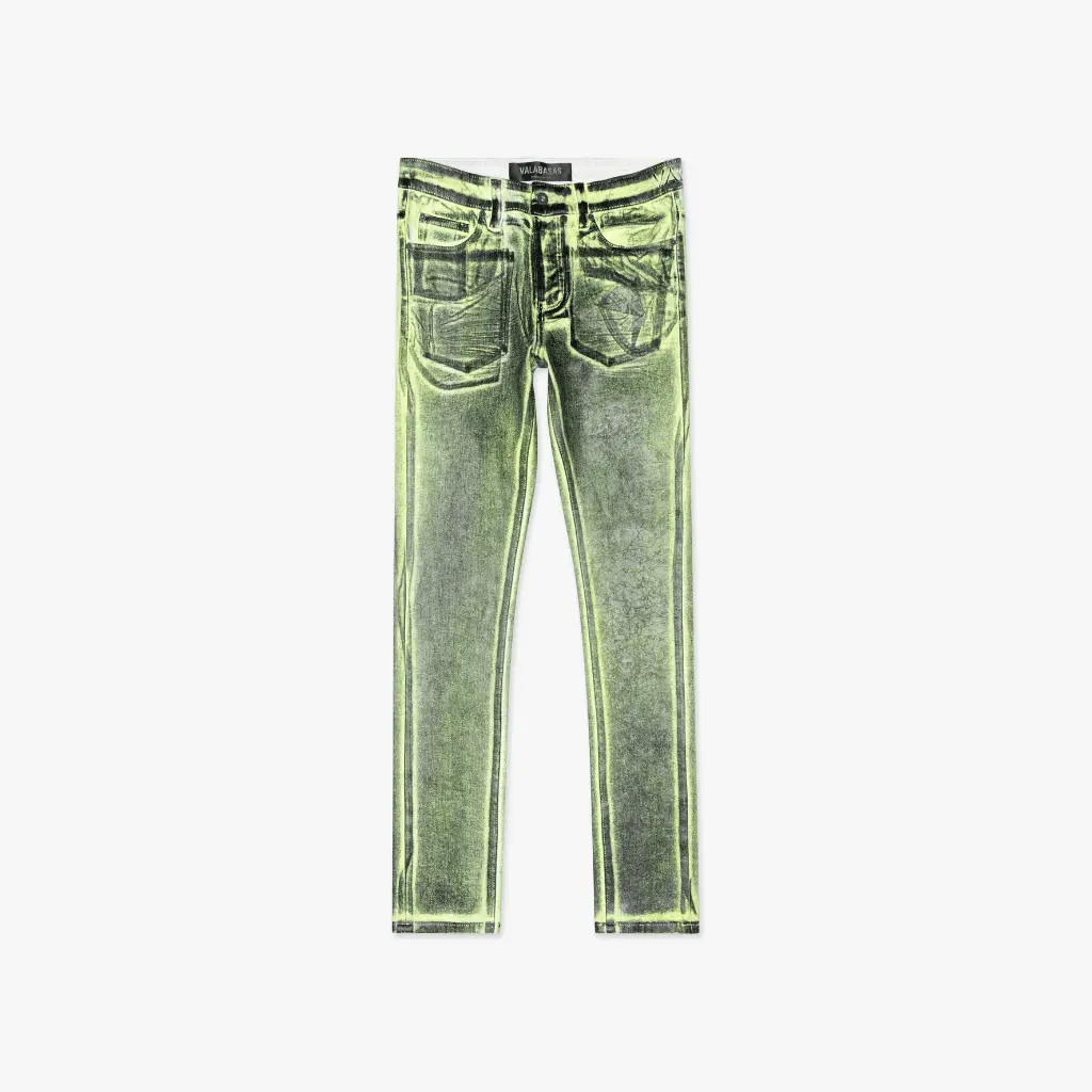 Mr.Flex Menswear Unisex Stretch Tapered Skinny Fit Denim Jeans - Button Waist, Yellow White Waxed Bright Finish, Streetwear Style, Cold Wash Compatible, Bright Waxed Finish, Pants, Hang Dry, Signature Valabasas Hardware, Jeans Pants