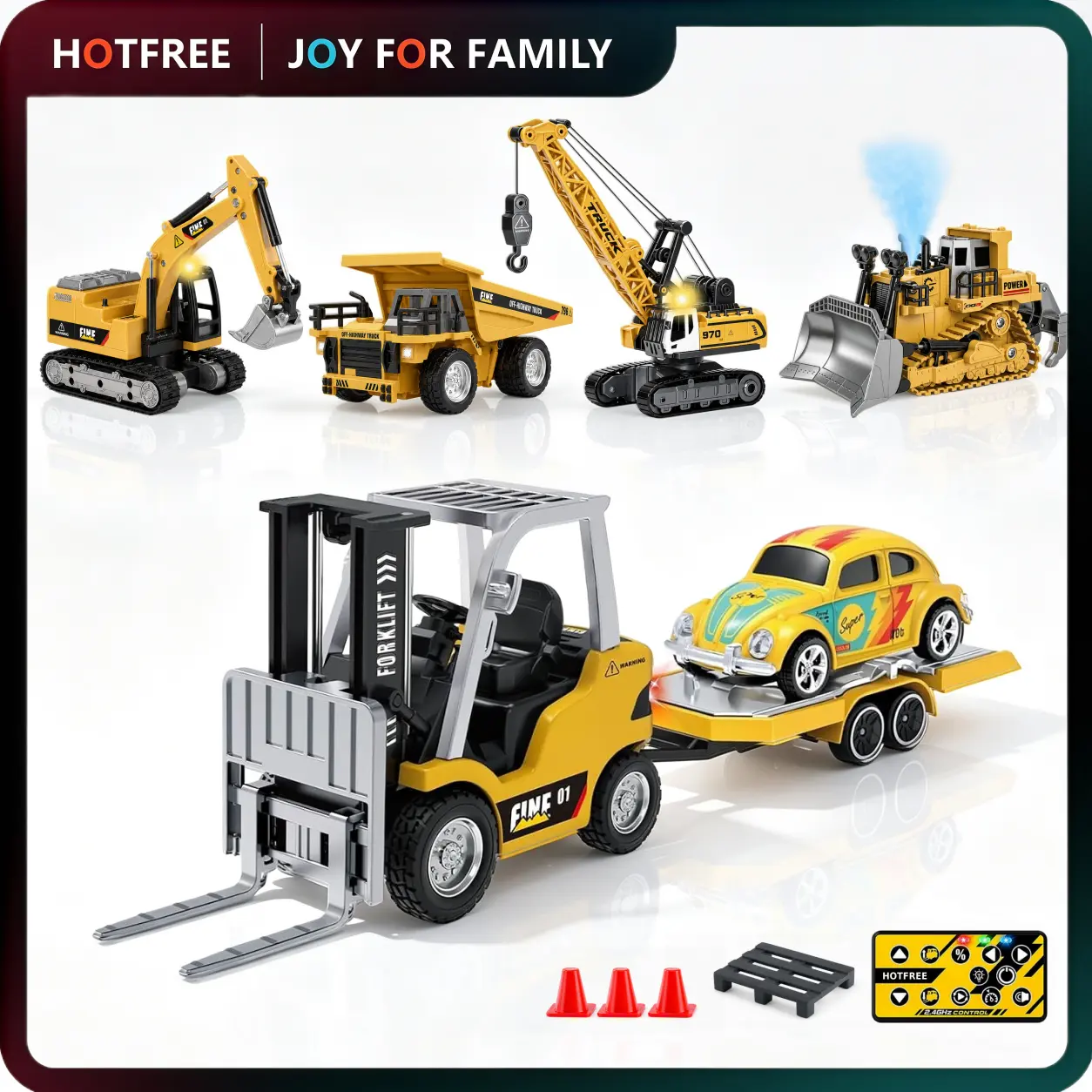 Hotfree 1/64 Mini RC Forklift ‑ RC Construction Truck, Excavator Bulldozer Dump Truck Crane Toy, 11‑Channel 2.4Ghz Remote Control Alloy Vehicle with USB Recharge, 2‑in‑1 Lift Fork & Hook, USB‑C Charging, Ideal Boys Kids Gift for Birthday & Christmas