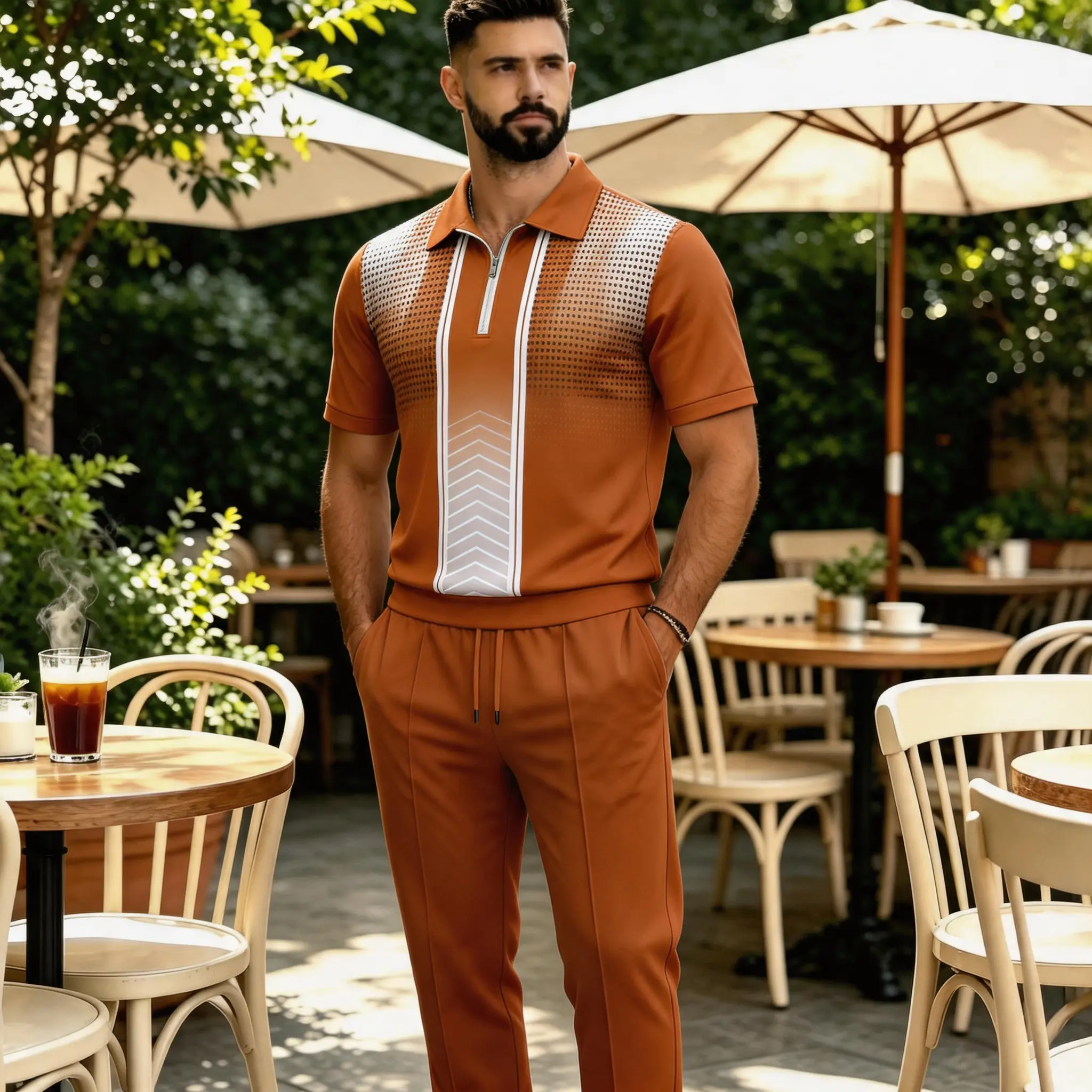 Men's 2-Piece Tracksuit Set, Fitted Male Polyester Sports Outfit with a Gradient Print Quarter-Zip Polo and Elastic Waist Long Pants, Machine Wash, Casual Sports, 2 Piece Set, Colorblock, Athletic, Contrast Binding, Medium Length, Machine Washable