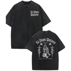 Men's Heavyweight 230gsm Batik Cotton T-Shirt - Spanish Religious Prayer & Our Lady of Guadalupe Print, Loose Fit Short Sleeve Casual Streetwear, Catholic Faith Apparel Gift for Family Gatherings