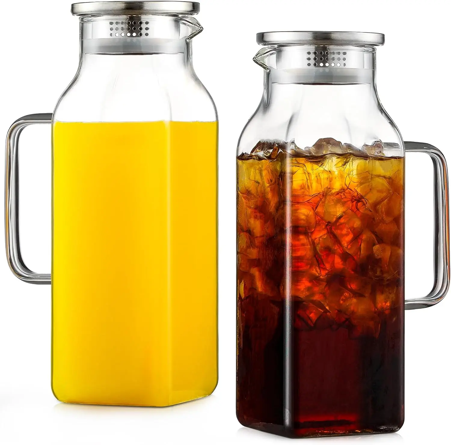 2 Pack 2.22 Liters/75 Oz Square Glass Pitcher with Lid and Handle for Fridge, Iced Tea and Coffee Carafe Beverage Serveware, Heat Resistant Borosilicate Water Jug for Hot/Cold Drinks and Milk NETANY