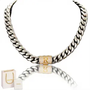 14mm Stainless Steel Chain Link Necklaces, A-Z Letter Cuban Design, Unisex Hip-Hop Daily Jewelry, Silver, 16in & 30in Lengths, Comes with Gift Box,summervibes