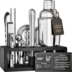 Mixology Bartender Kit with Stand - 15 count Bar Tool Set,  Bar Set  Shaker Set for Drink Mixing - Includes Martini Shaker, Jigger, Strainer, Bar Mixer Spoon, Tongs, Opener |  Idea