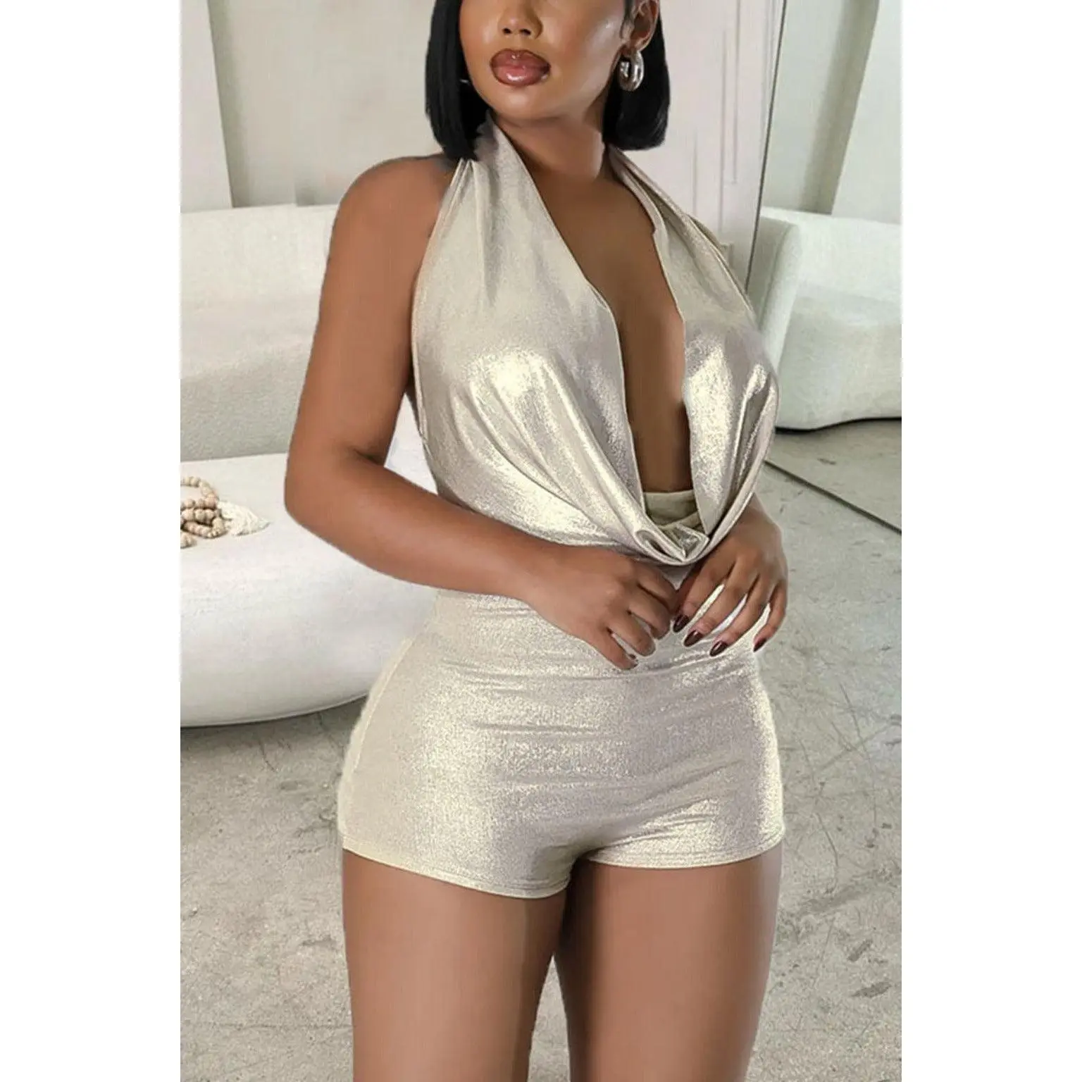 Feel So Hyped Romper-Silver Halter Polyester Womenswear Backless Comfort Basic Festival casual fashion cozy