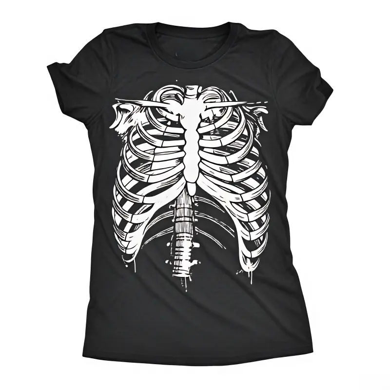 Women's Short Sleeve Sport T-Shirt - Skeleton Ribcage , Goth Aesthetic Black, Spooky Season Casual Edgy Sports Top cotton graphic tee