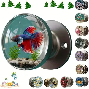 Retro Round Resin Door Handle - Realistic Fish and Floral Design, Crystal Transparent Spherical Door Handle, Artistic Natural Style Decoration, Suitable for Bedrooms, Cabinets, and Hanging Doors