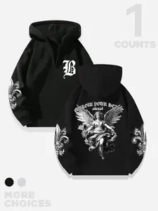 Men's Half-Zip Hoodie, Casual Fashion Hip-Hop Style Graphic Pullover, Comfortable Fitted Long Sleeve Streetwear for Spring & Fall, Half Zip Sweatshirts, Knit, Thick