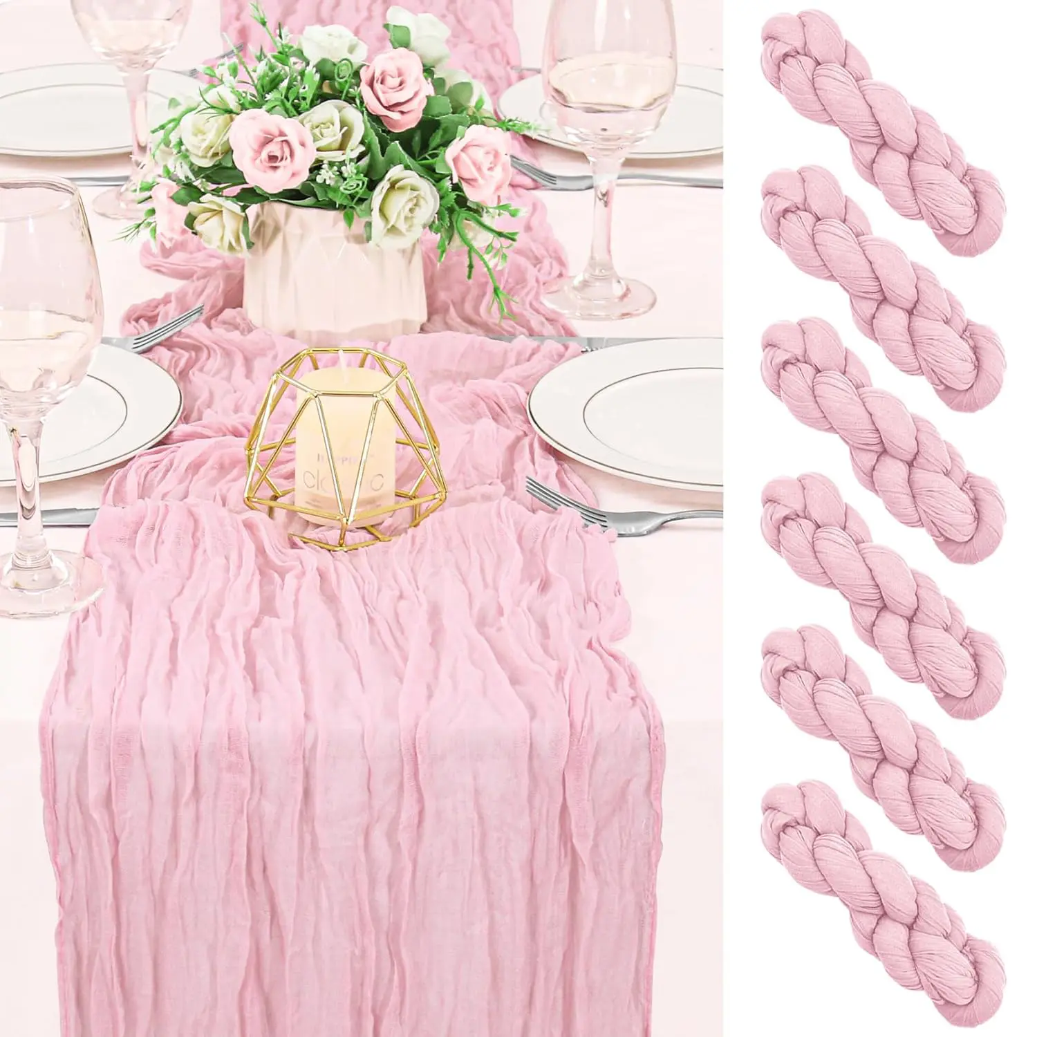 6/10 Pack Pink Table Runner 17*108inch 9FT Cheesecloth Semi Sheer Boho Gauze Cheese Cloth Table Runners, for Wedding Bridal Shower Birthday Party Home Decor Garden Farmhouse