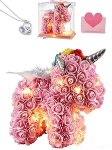 Handmade Eternal Flower Rose Unicorn Necklace Set, 25cm Angel Wings Unicorn Pendant, Romantic Gift for Valentine's Day, Mother's Day, Birthday, Box