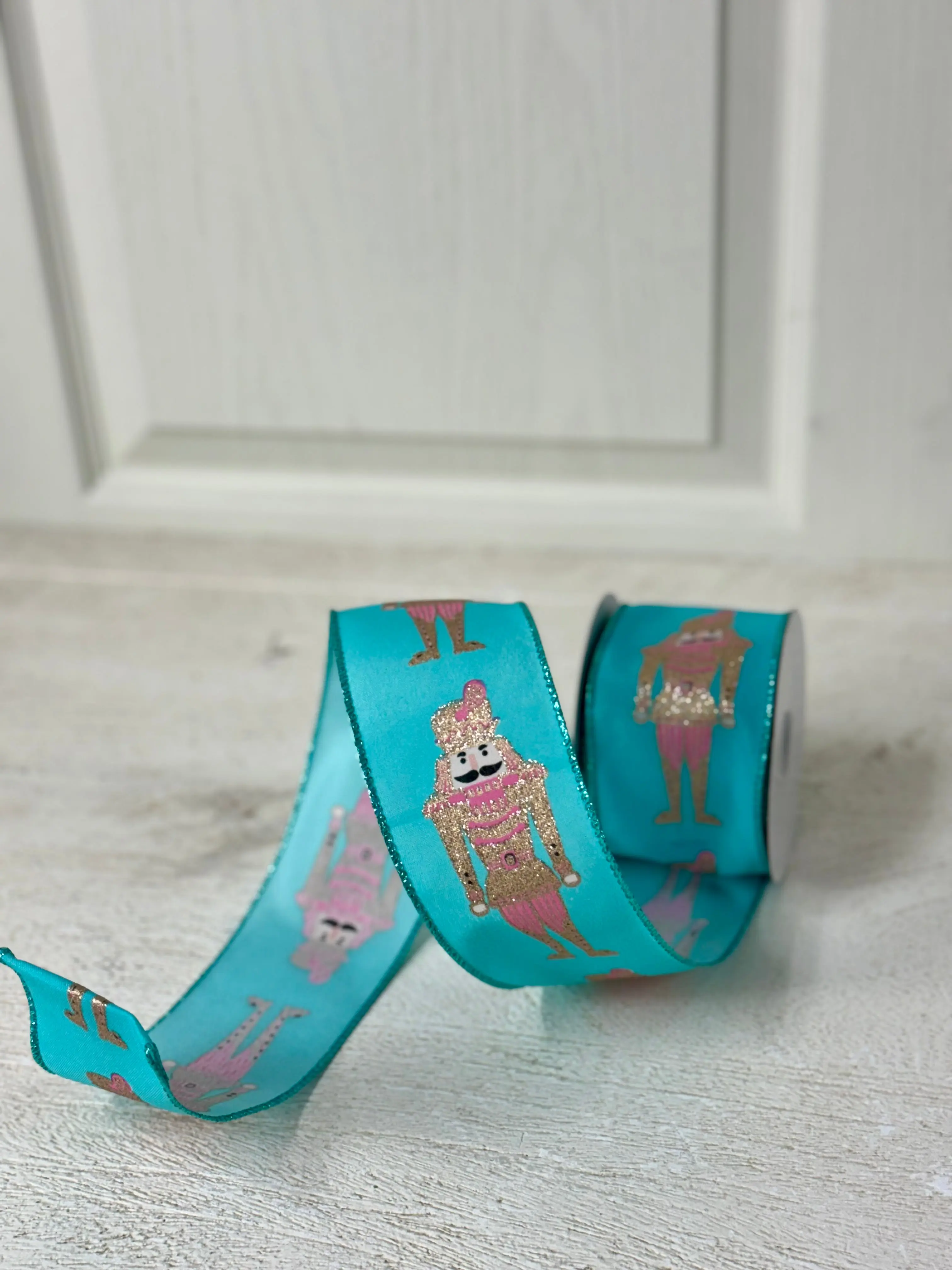 2.5 Inch By 10 Yard Teal Pink And Champagne Nutcracker Ribbon