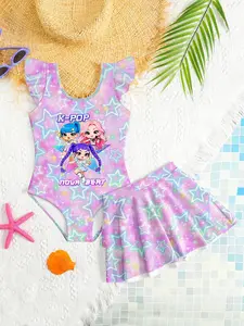 Women's K-Pop Rainbow Starry Sky Printed Swimsuit Set, Slim Fit One Piece Swimwear & Sequined Cover Up Two-Piece Bathing Suit, Skirted Bathing Suit