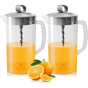 2 count Mixing Pitcher for Drinks, 2 Quart/64oz Plastic Juice Pitcher with Lid, Angled Plastic  and Adjustable Mixer Plunger for Juice, , Milk, Beverage Container