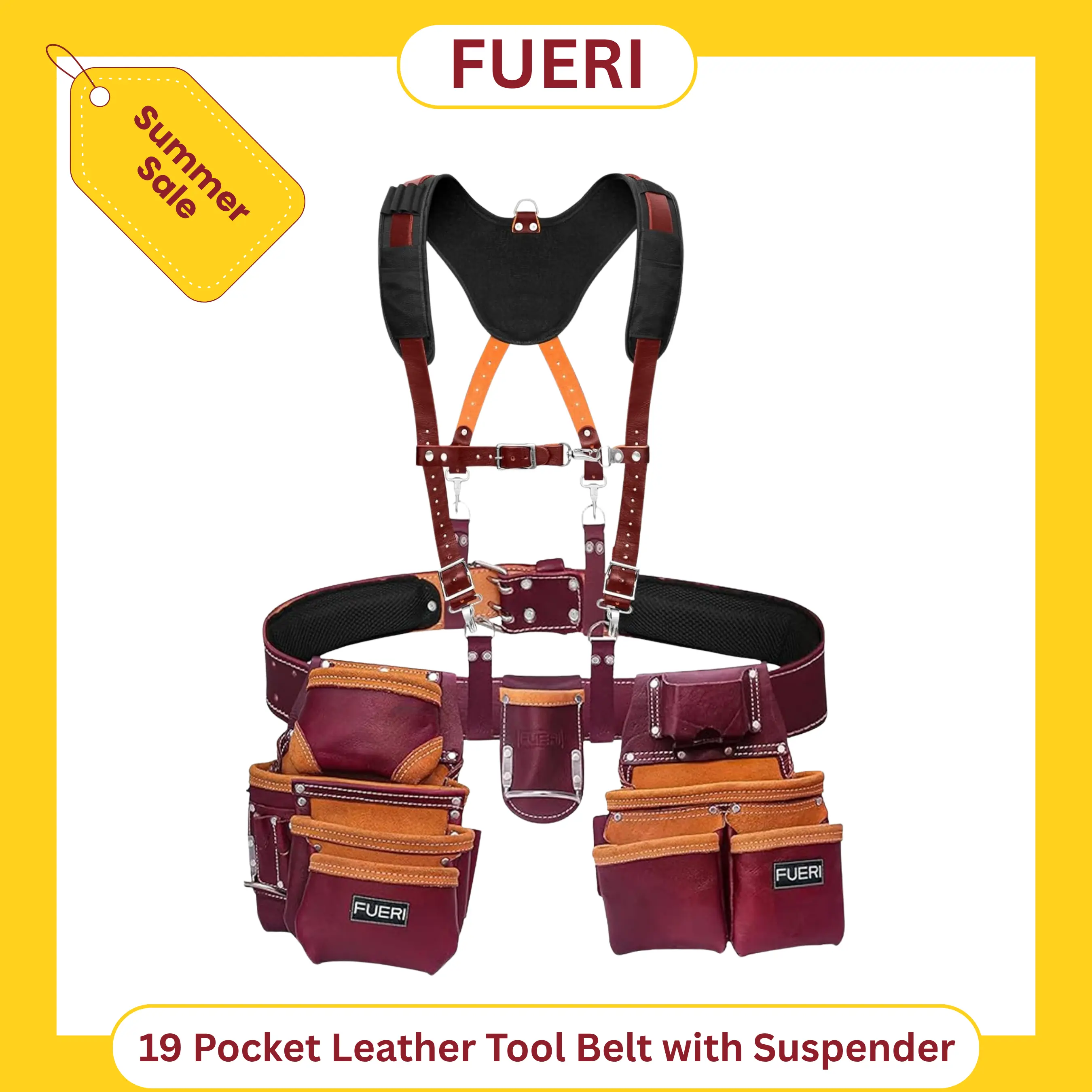 FUERI 19 Pocket Leather Tool Belt with Suspenders,Comes with Padded Belt, Big Pouches, Hammer Holder,Suspender loops and Leather Suspender, Ideal for Construction Workers, Carpenters and Electrician.