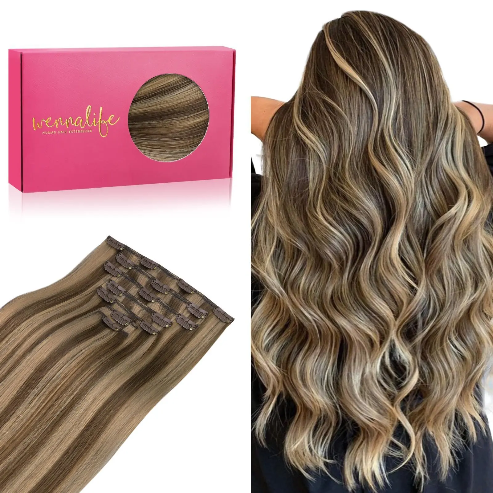 WENNALIFE Clip in Hair Extensions 120g-150g Balayage Chocolate Brown to Caramel Blonde Remy Hair Thicker Double Weft Extensiones Clip In Real Hair Coloured #DealsForYouDays