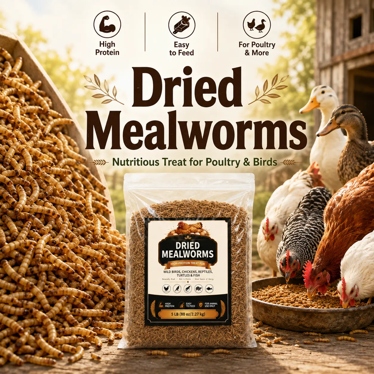 5 LB Dried Mealworms for Chickens, Ducks, Wild Birds, Reptiles, Turtles & Fish, High-Protein Poultry Treat in Resealable Bag, Easy-to-Feed Animal Snack
