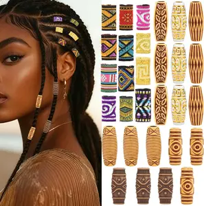 Coobigo 30Pcs Hair Beads for Braids, 18 Plastic + 12 Fabric African Hair Dreadlock Beads Loc Hair Jewelry Imitation Wood Tube for Women Men Dreadlock Accessories Necklace Bag DIY Crafts CooBigo